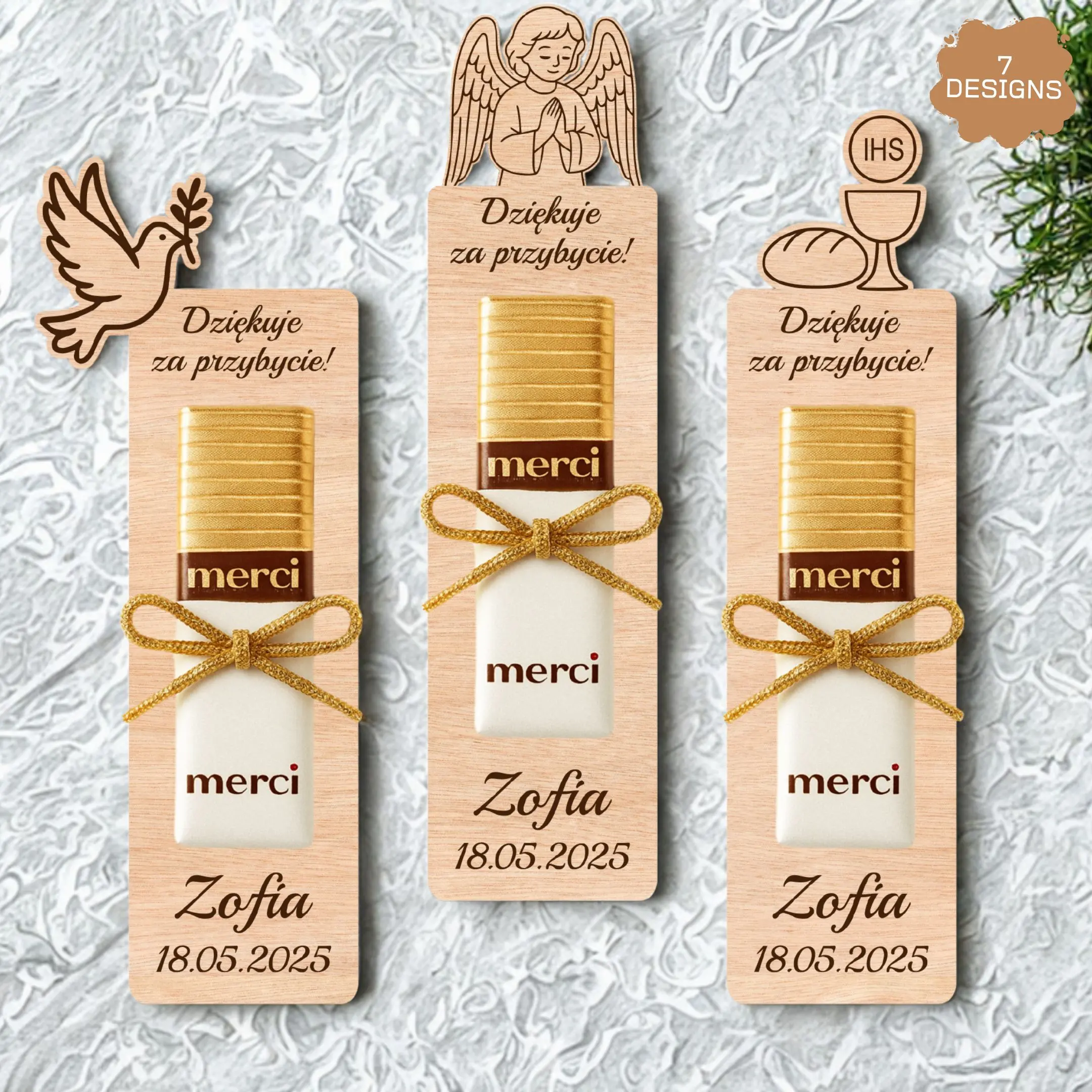 Laser-cut holy communion guest favors in various designs, shown without chocolate