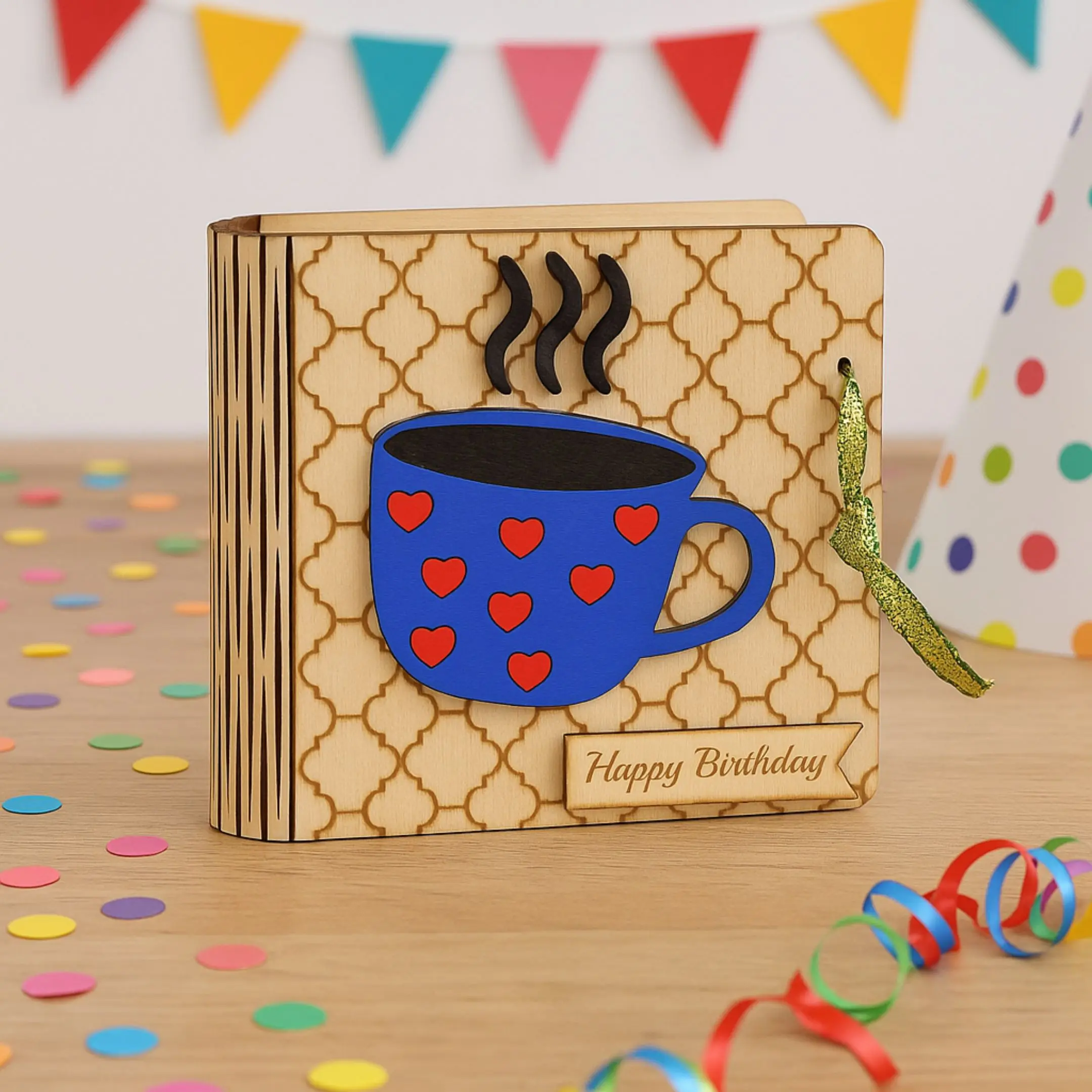 Laser cut tea box gift with blue cup design and Happy Birthday engraving