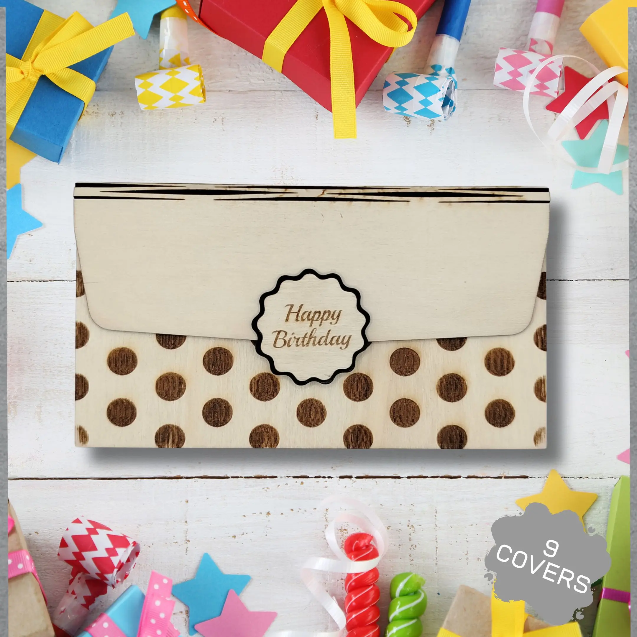 Laser cut birthday money envelope with 9 cover designs
