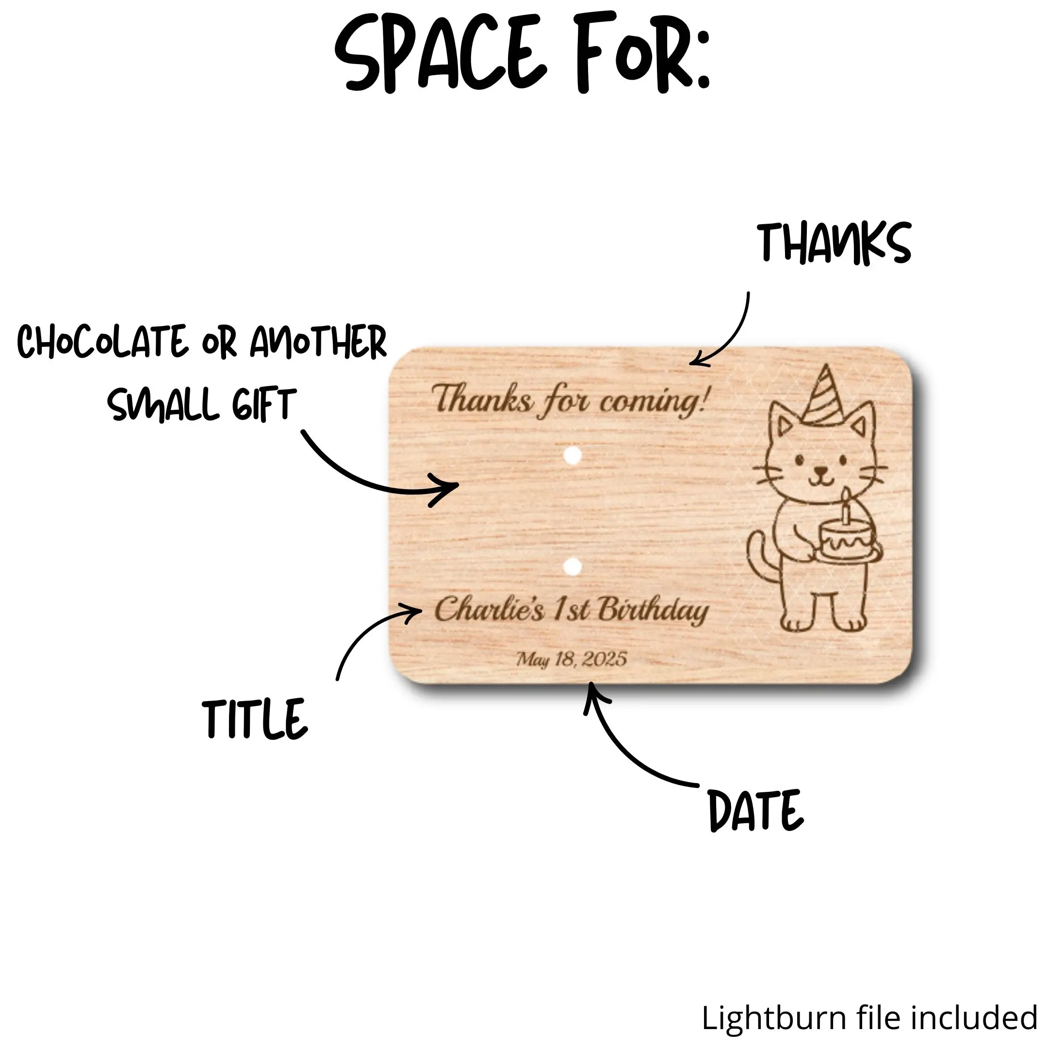 Personalization layout for laser cut animal party favors, showing name, date, and custom message placement