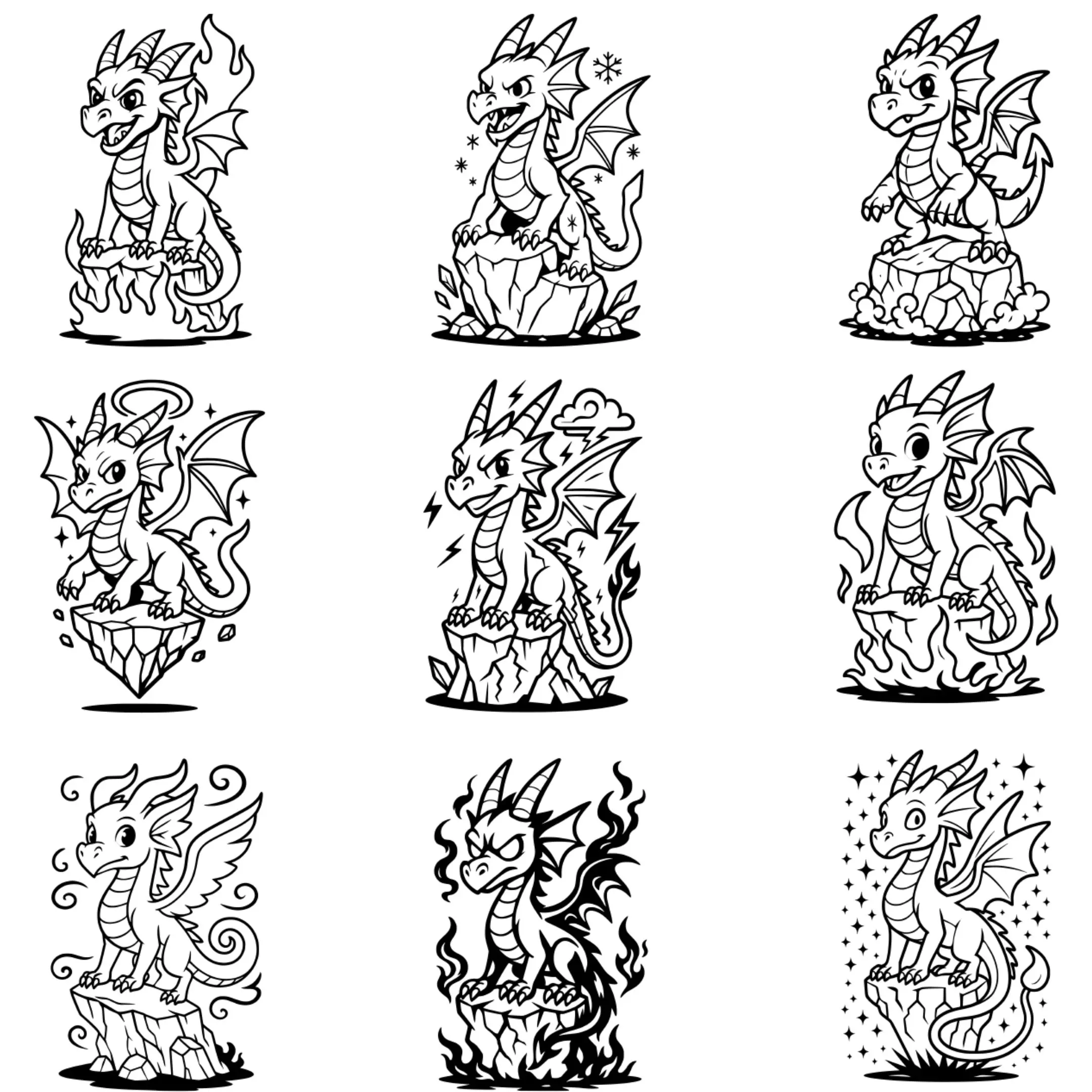 9 black outline cartoon-style dragons, fantasy vector art set