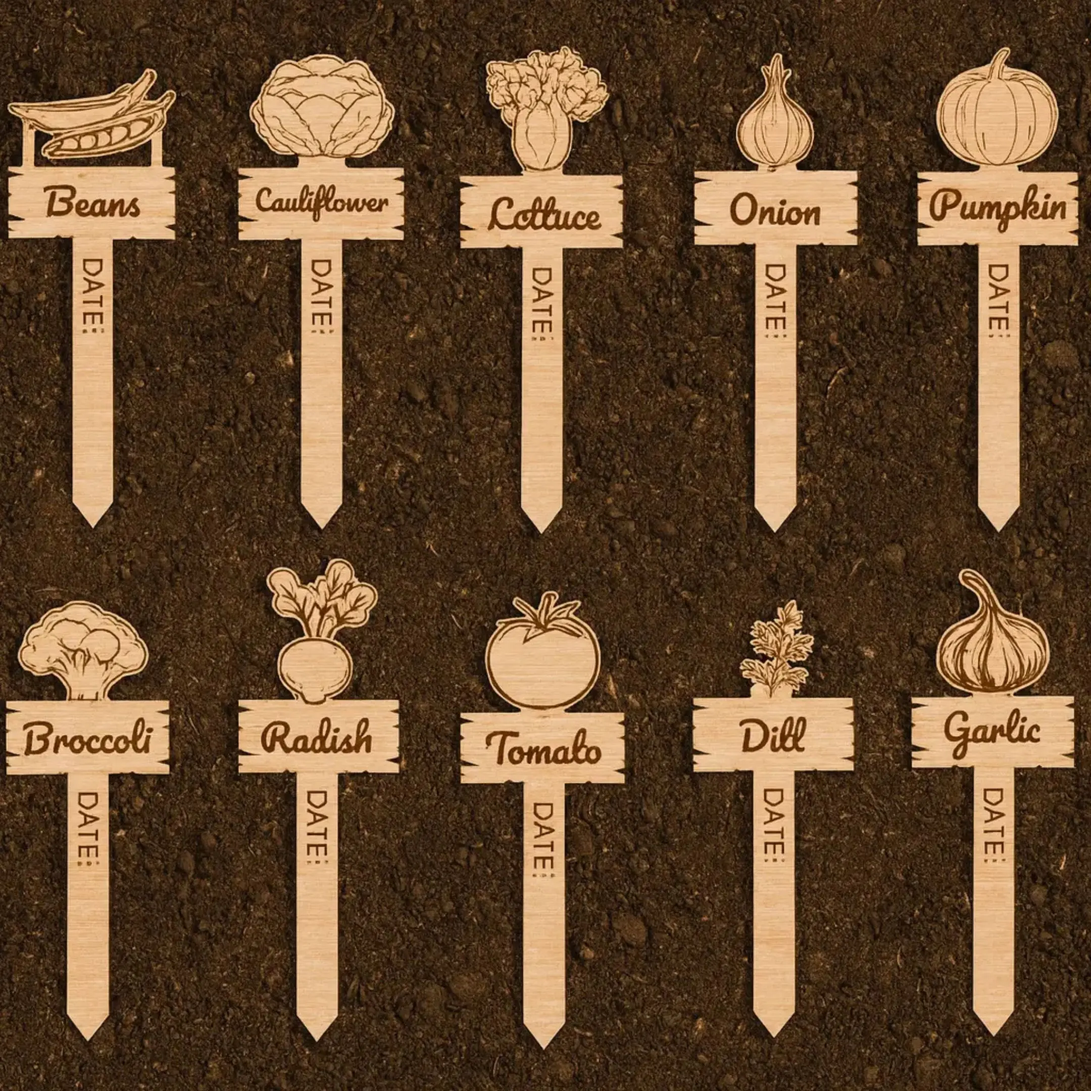 Thumbnail showing a set of laser cut wooden plant markers for vegetables, available in four languages