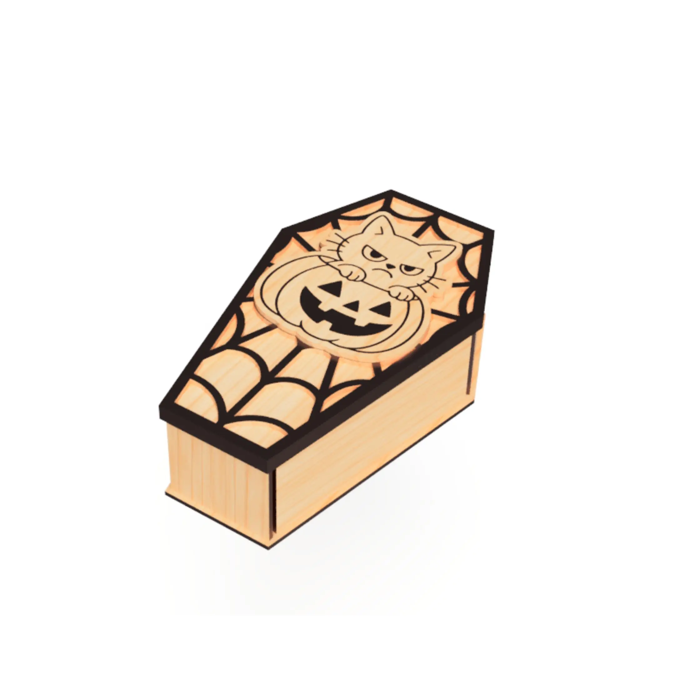Front view of a closed candy coffin gift box.