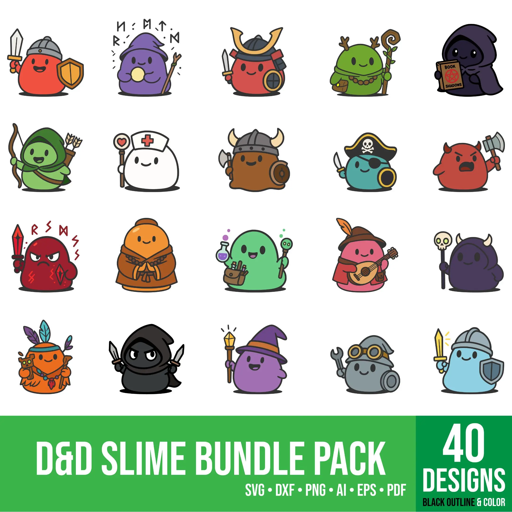 A collection of colorful D&D slime vector designs in different fantasy classes, displayed together.