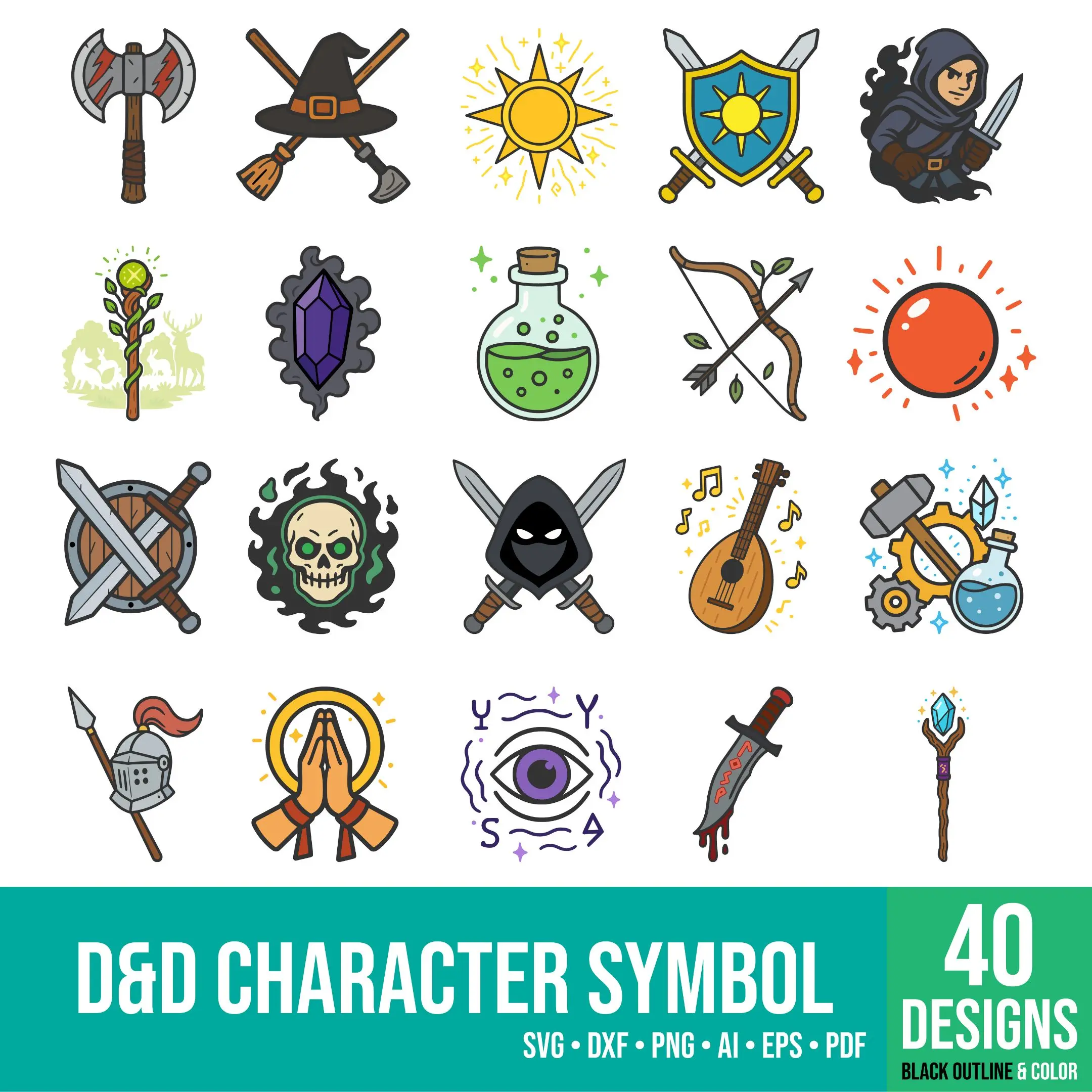 A complete collection of colorful D&D class symbols displayed together in a single set.