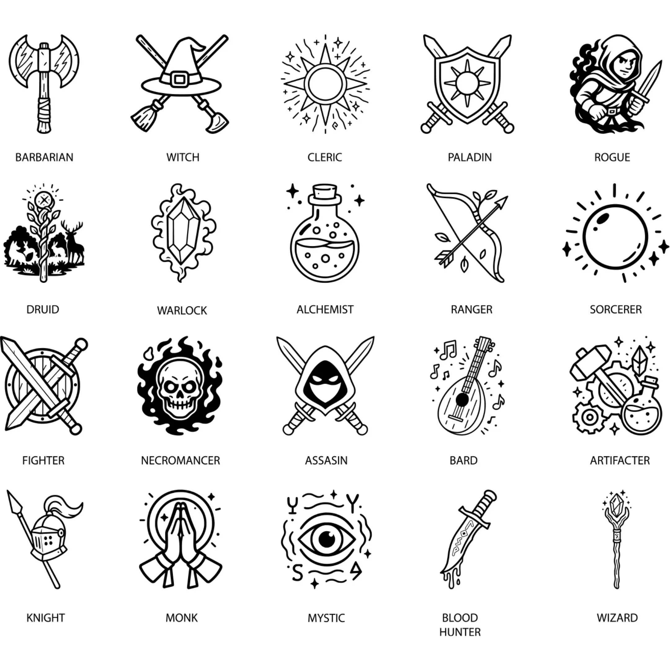 Black outline version of D&D class symbols with class names shown below.