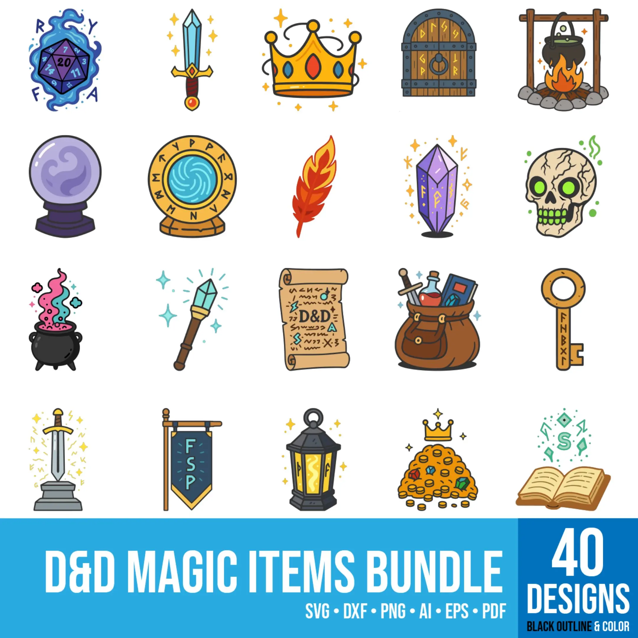 A collection of colorful D&D magic items vector designs displayed together