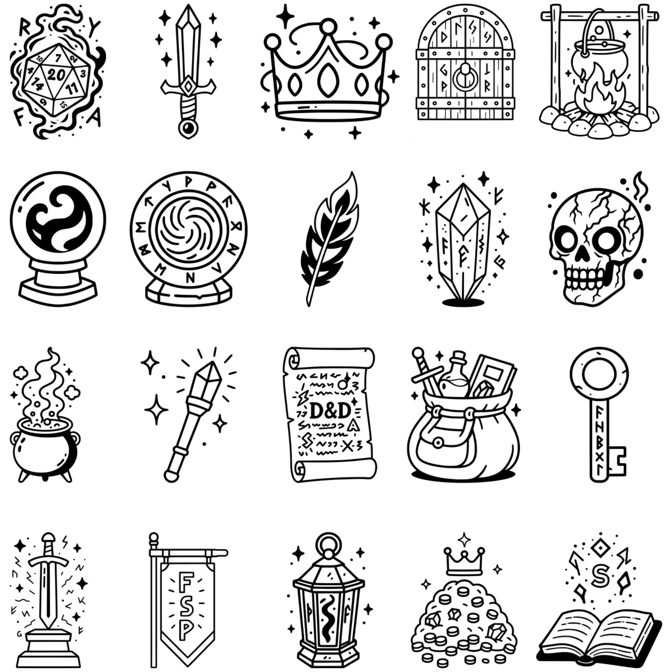 Black outline vector designs of D&D magic items, ready for laser cutting and engraving