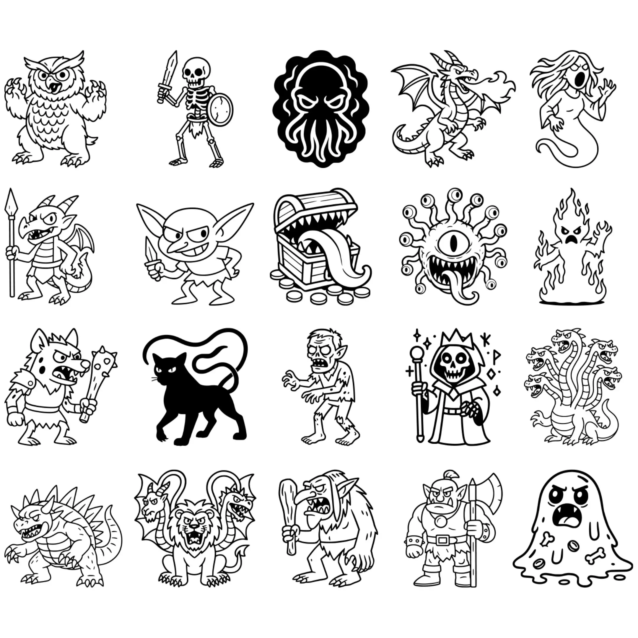 : Black outline vector designs of D&D monsters, ready for laser cutting and engraving.