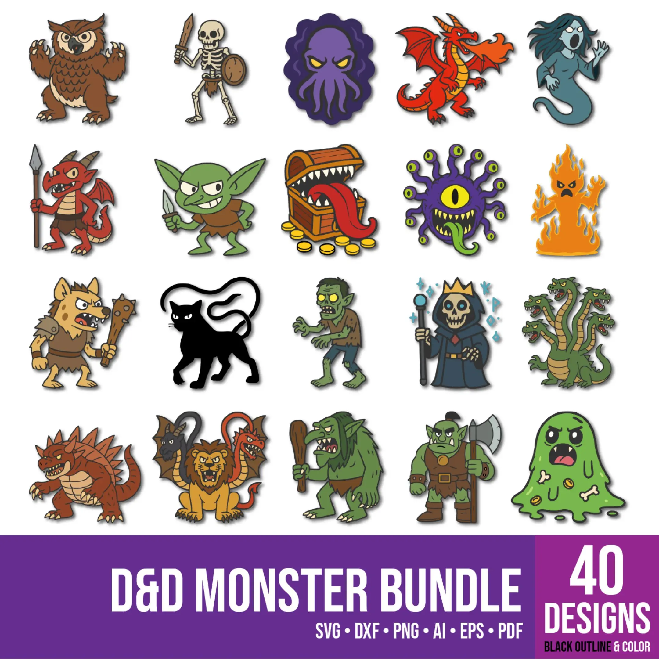 A collection of colorful D&D monster vector designs displayed together in one set.