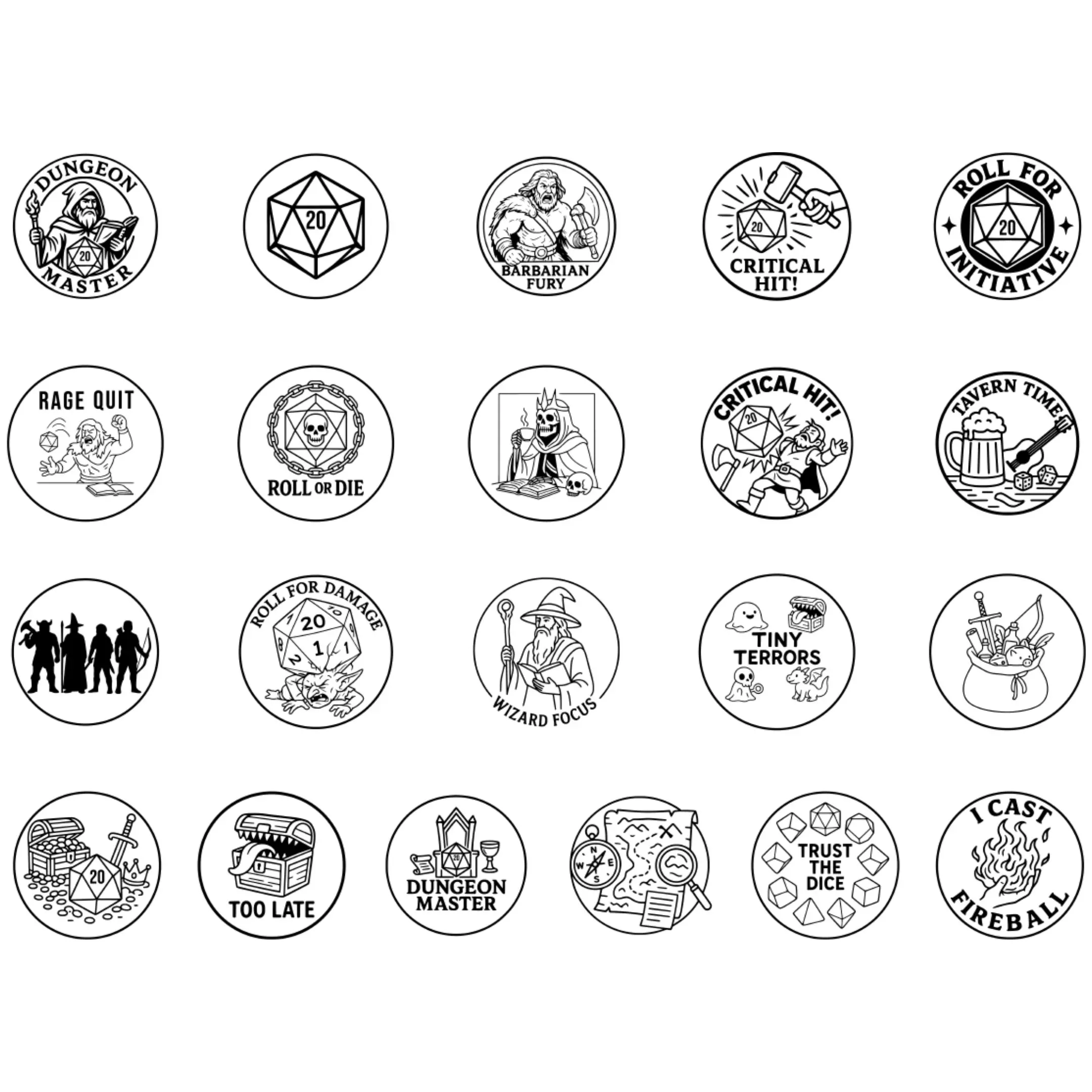 Set of D&D coaster vector designs in black outline and color versions.