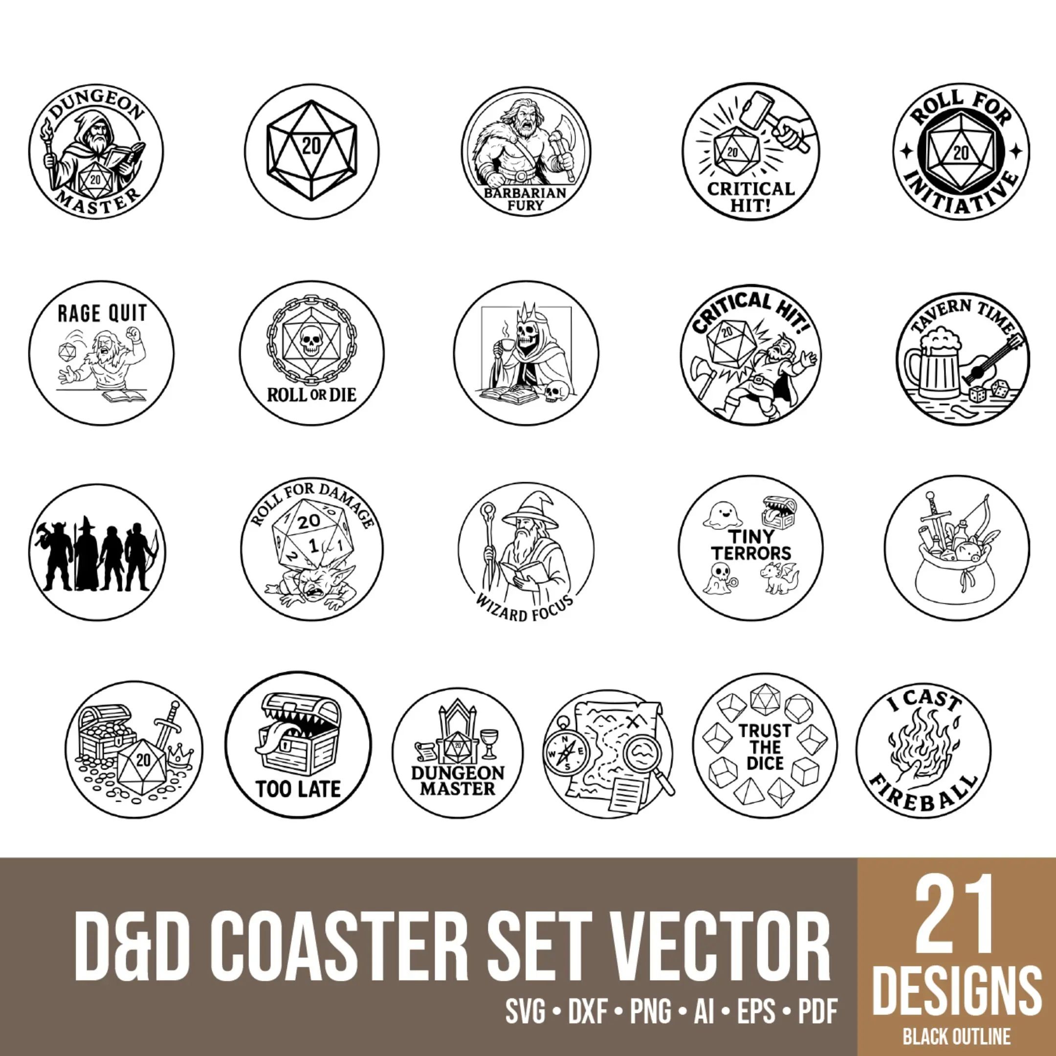 A collection of colorful D&D coaster designs displayed together.