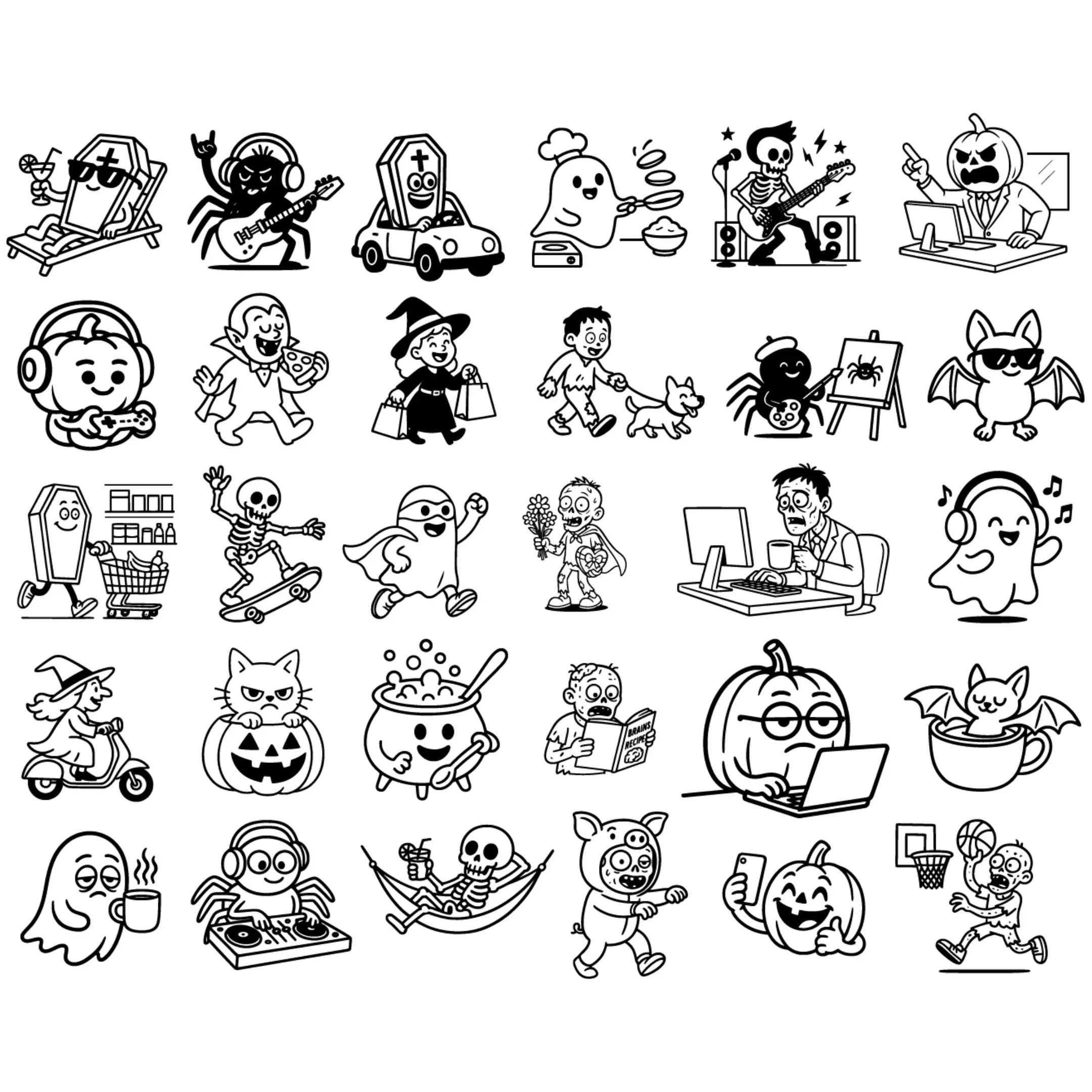 Black outline versions of funny Halloween vector designs for laser cutting and engraving.
