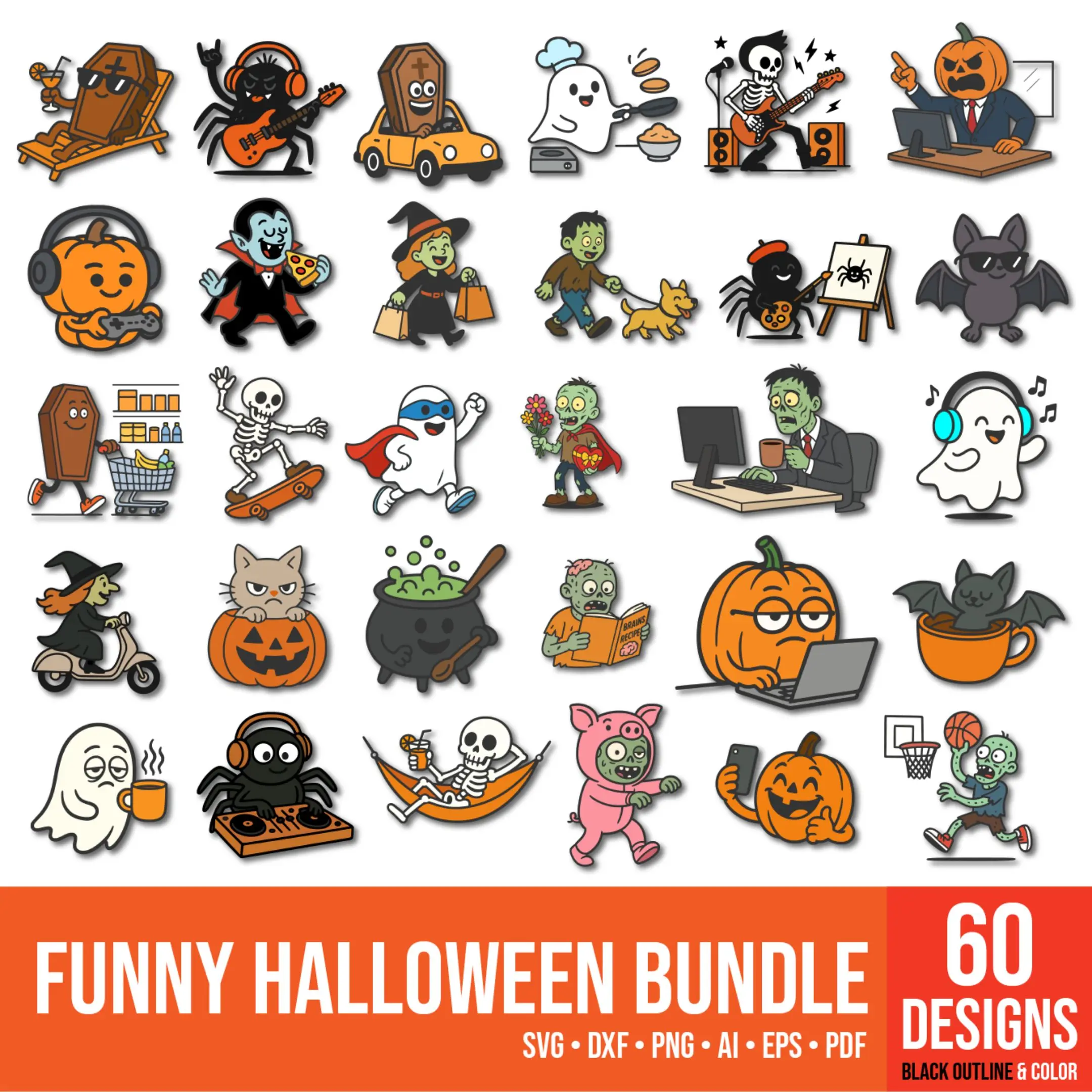 A collection of colorful and black outline funny Halloween vector designs displayed together.