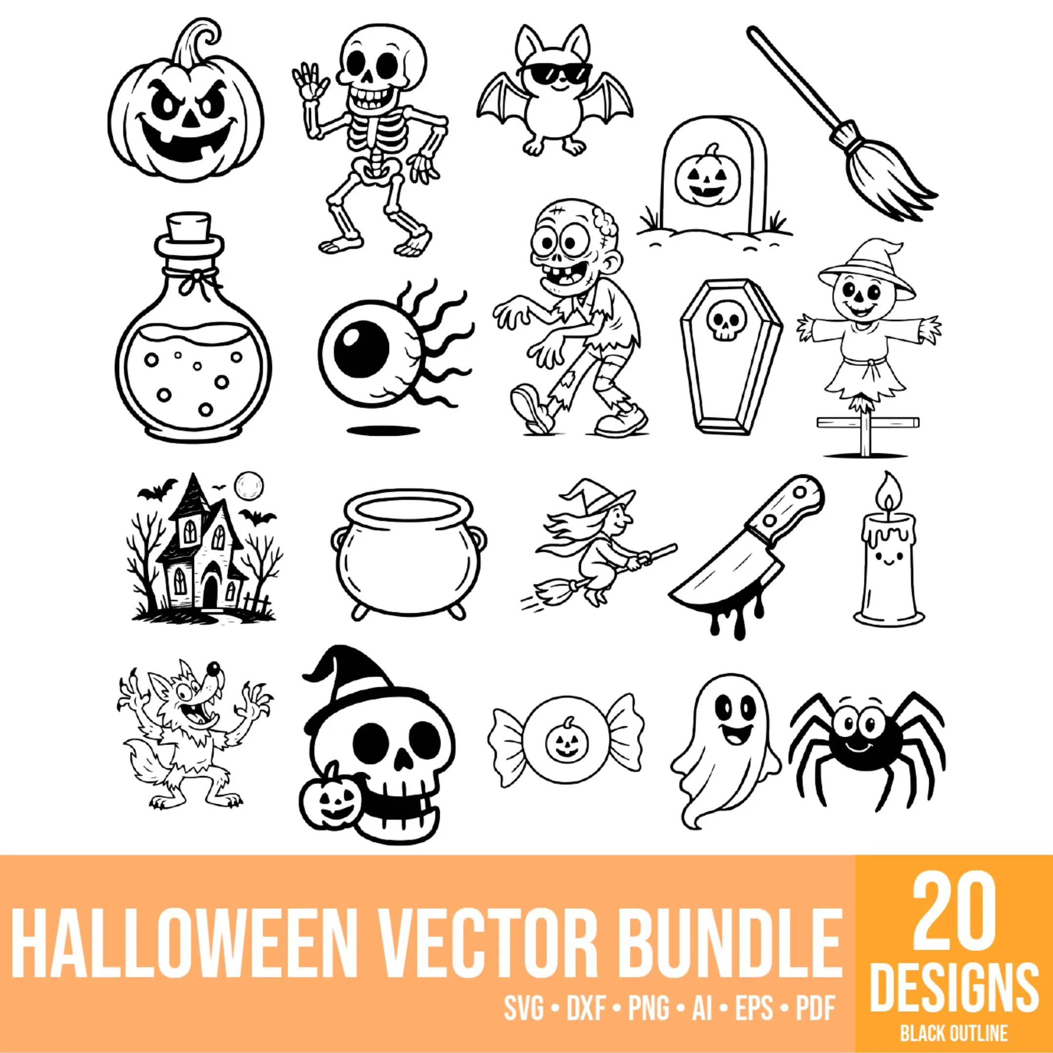 A collection of colorful and black outline Halloween vector designs displayed together.