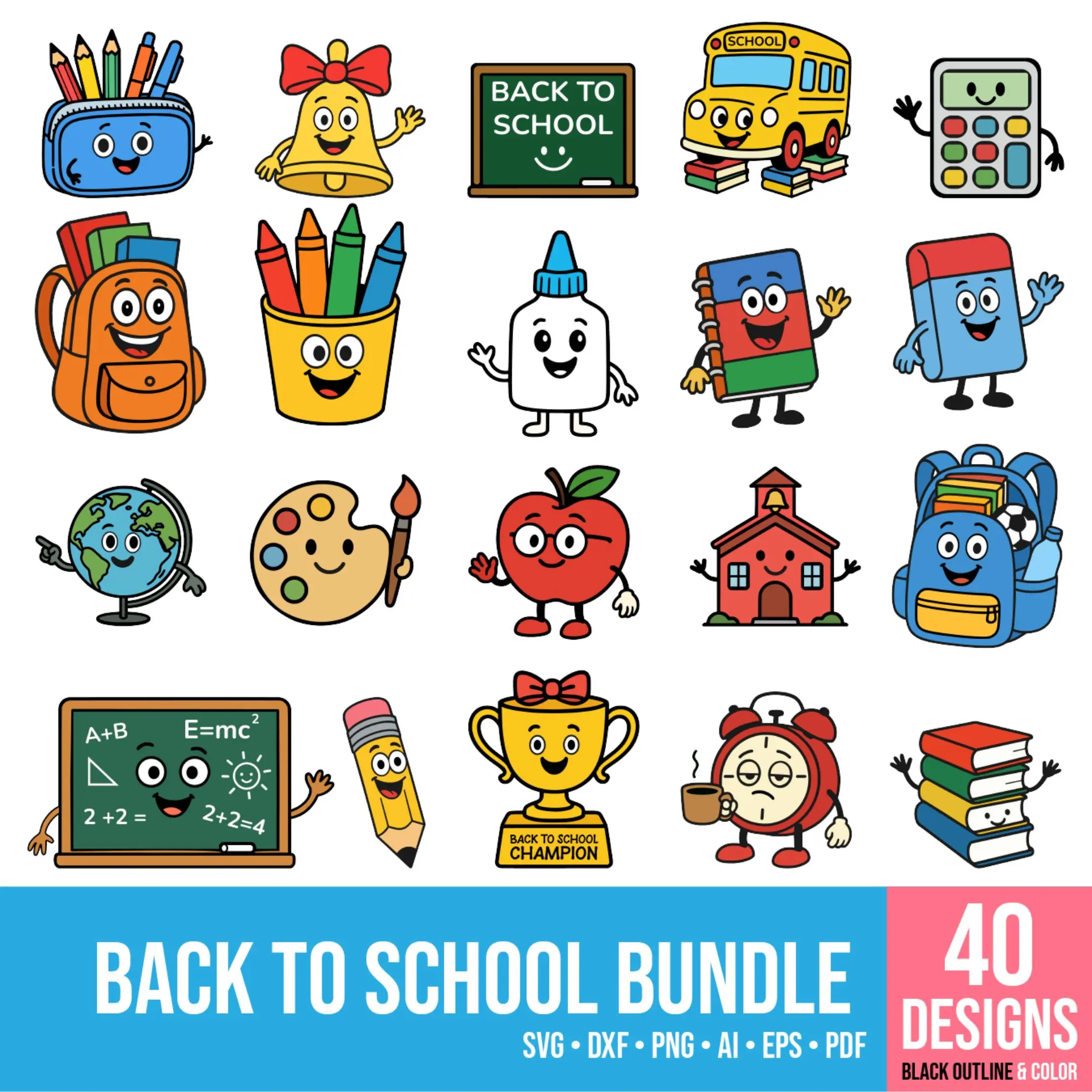 A collection of colorful school-themed vector designs displayed together.
