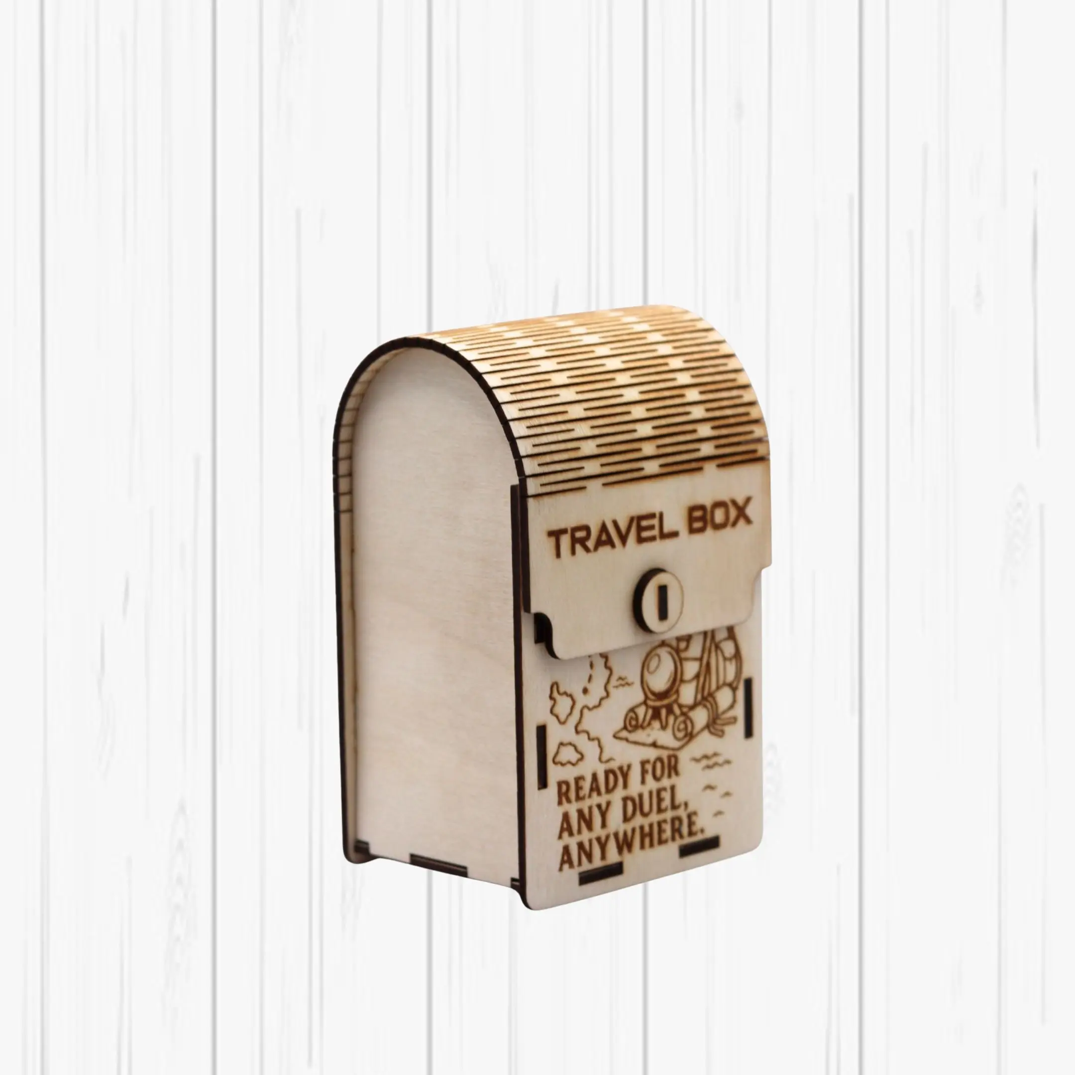 Closed TCG travel deck box designed for 100 trading cards, shown in a presentation view.