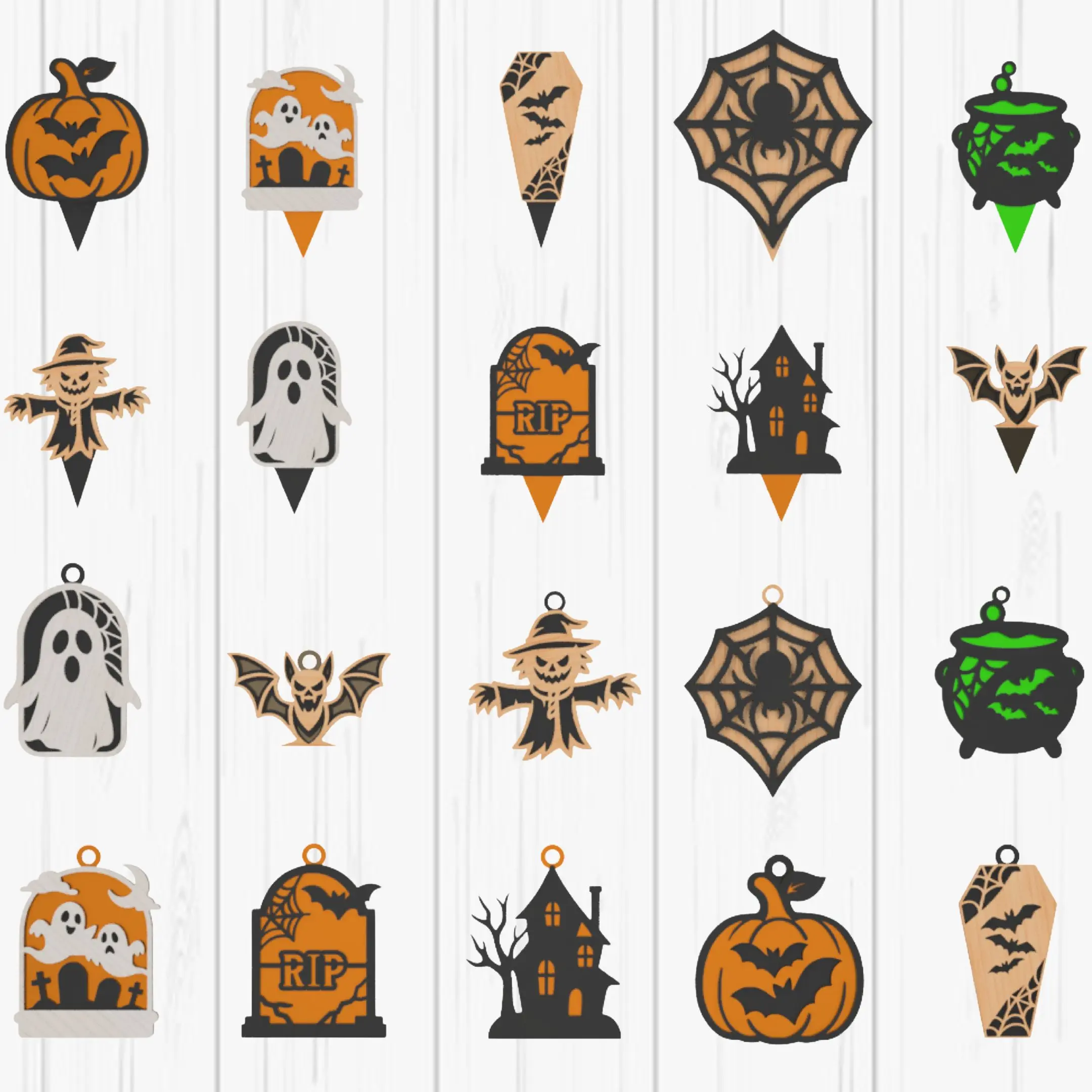 A full collection of multilayer Halloween decor pieces, including standing and hanging decorations.