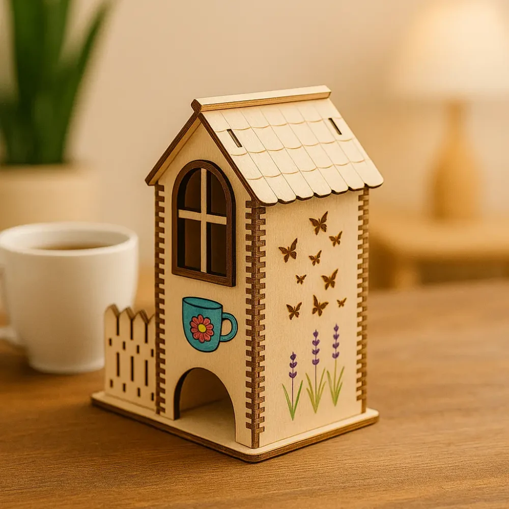 Laser-cut wooden tea house with decorative design